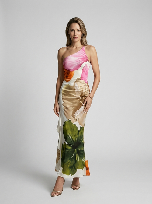 Adeline Clairmont One Shoulder Artistic Floral Maxi Chiffon Dress